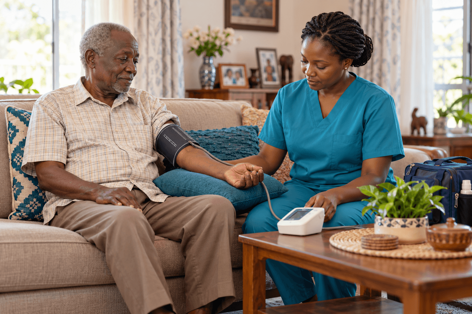 A nurse in blue scrubs checks an elderly man's blood pressure in his home.