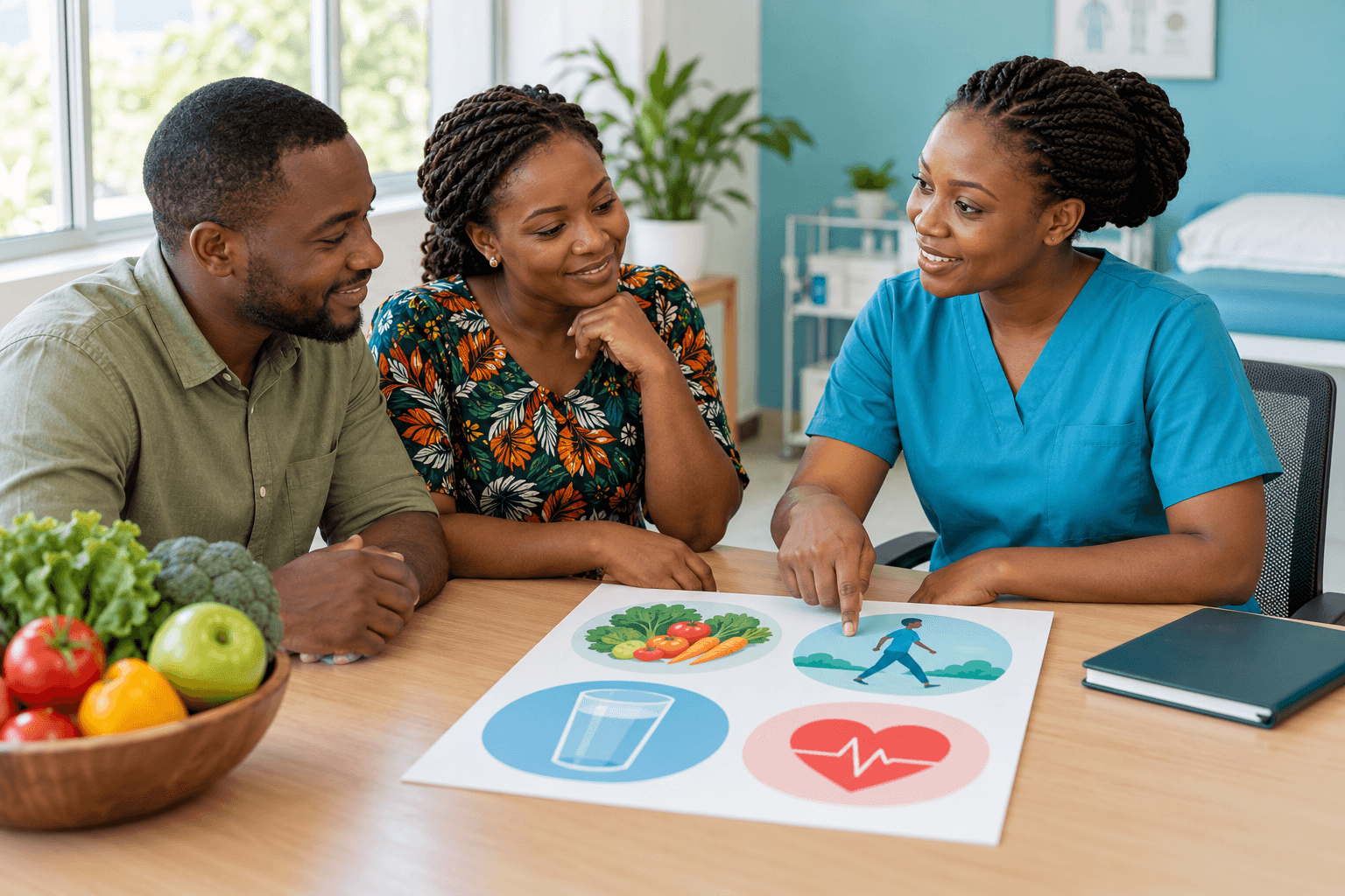 A healthcare professional points to a wellness poster while consulting with a smiling Black couple.